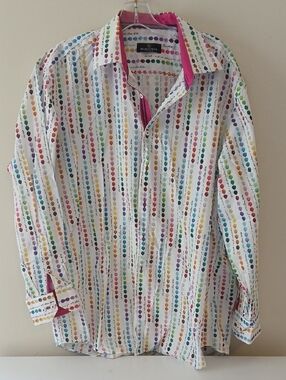Bugatchi Multicolor Dot-Stripe Button-Down Shirt with Pink Trim